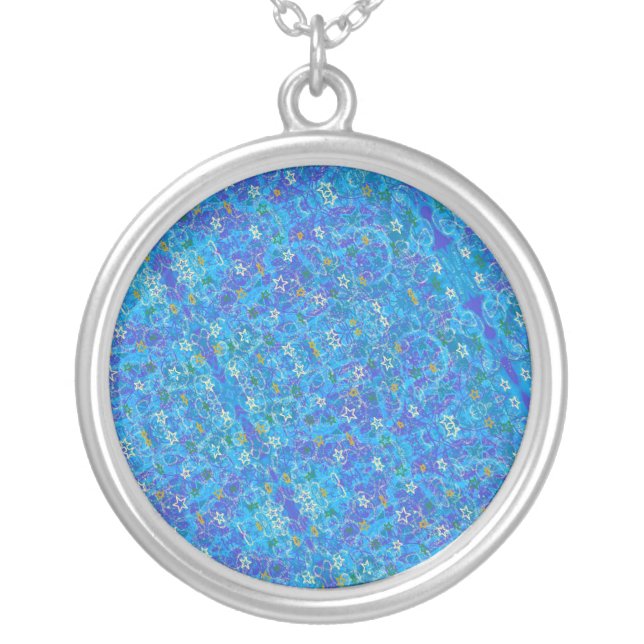 Cool blue fantasy stars and swirls  silver plated necklace (Front)