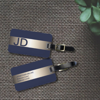 Cool Blue Faux Metal Stripe Bold Monogram Luggage Tag by Weaselgift at Zazzle