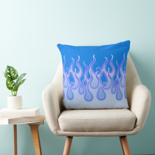 Cool Blue Fire Rockabilly Hot Rod Flames Man Cave Throw Pillow