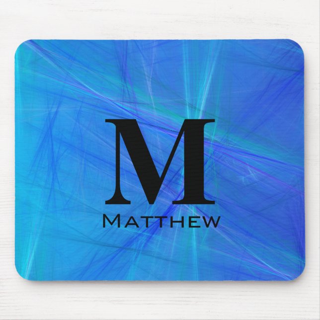 Cool Blue Fractal Black Monogram Mouse Pad (Front)