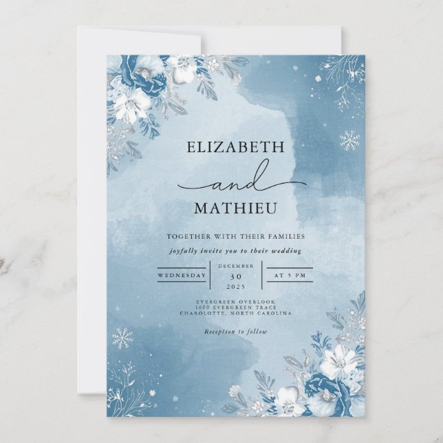 Cool Blue Frost Blooms Wedding Invitation (Front)