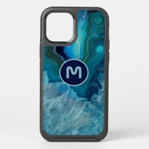 Cool Blue Geode Agate Stone Monogram OtterBox Symmetry iPhone 12 Case