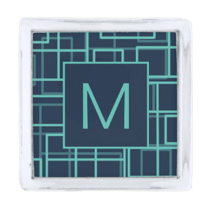 Cool Blue Geometric Grid Pattern Monogram Silver Finish Lapel Pin