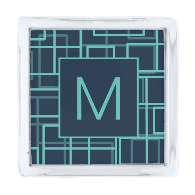 Cool Blue Geometric Grid Pattern Monogram Silver Finish Lapel Pin (Front)