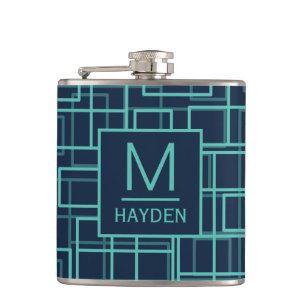Cool Blue Geometric Grid Pattern Monogrammed Flask