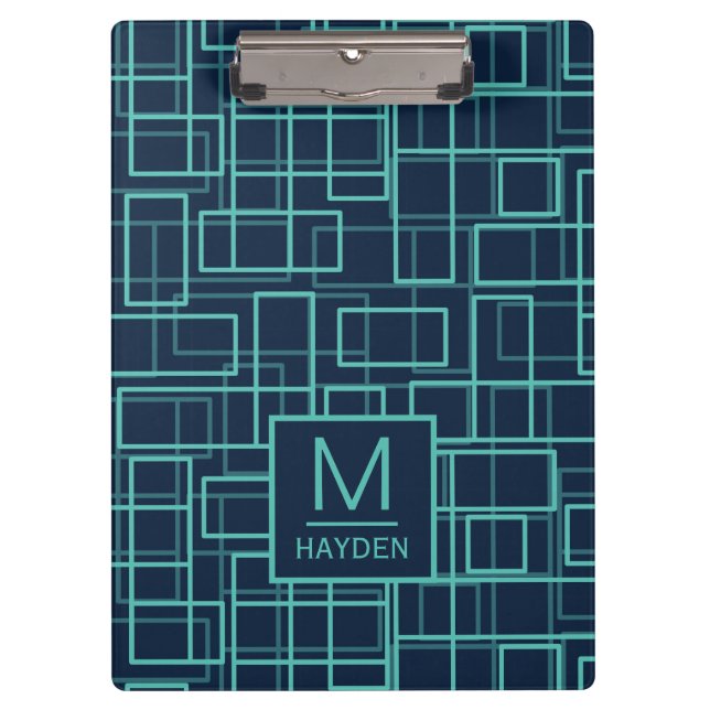 Cool Blue Geometric Grid Pattern Personalised Clipboard (Front)