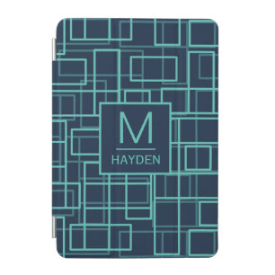 Cool Blue Geometric Grid Pattern Personalised iPad Mini Cover