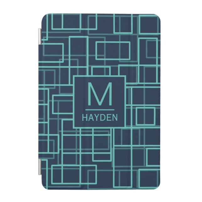 Cool Blue Geometric Grid Pattern Personalised iPad Mini Cover (Front)
