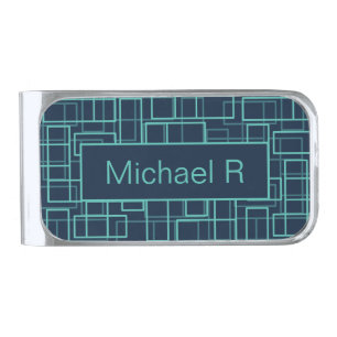 Cool Blue Geometric Grid Pattern Personalised Silver Finish Money Clip