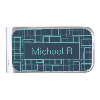 Cool Blue Geometric Grid Pattern Personalised Silver Finish Money Clip