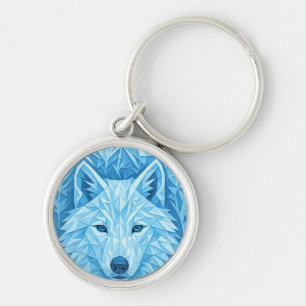 Cool Blue Geometric Wolf Low Poly Abstract Art Keychain