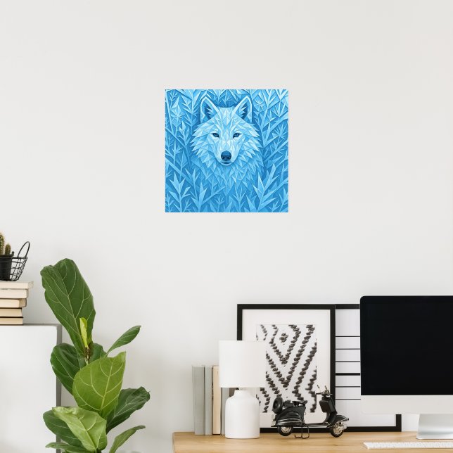 Cool Blue Geometric Wolf Low Poly Abstract Wall Ar Poster (Home Office)