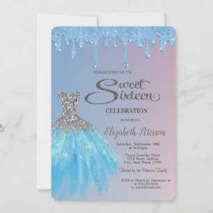 Cool Blue Glitter Drips,Blue Dress Sweet 16 Invitation