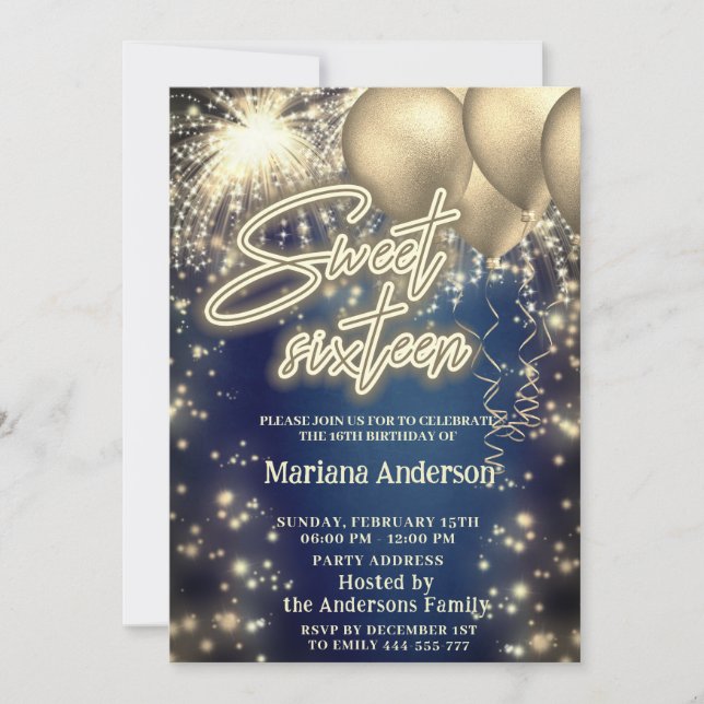 Cool blue gold balloon sparkle fireworks invitation (Front)