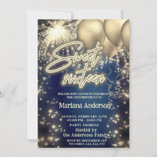 Cool blue gold balloon sparkle fireworks invitation