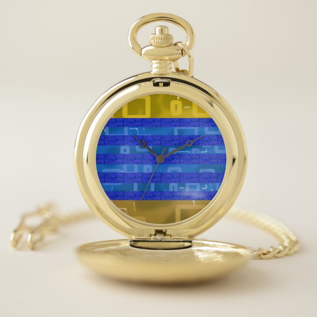 Cool Blue Gold Geometric Stripes Pocket Watch (Inside)