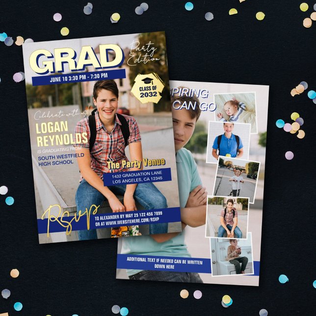 Cool Blue Gold Photos Magazine Cover Graduation Foil Invitation (Creator Uploaded)