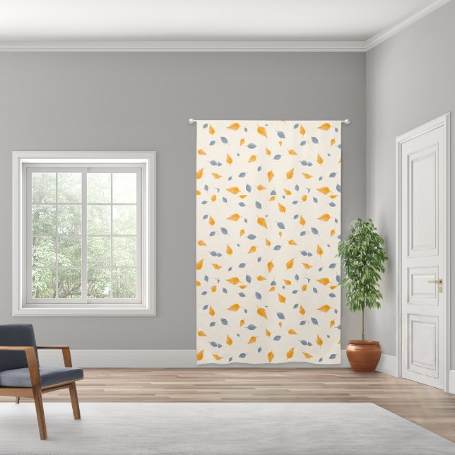 Cool Blue & Golden Yellow Leaves On Cream Blackout Curtains (Wide)