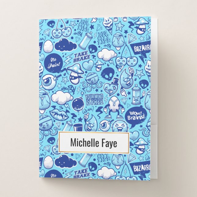 Cool Blue graffiti art cartoon characters pattern Pocket Folder (Front)