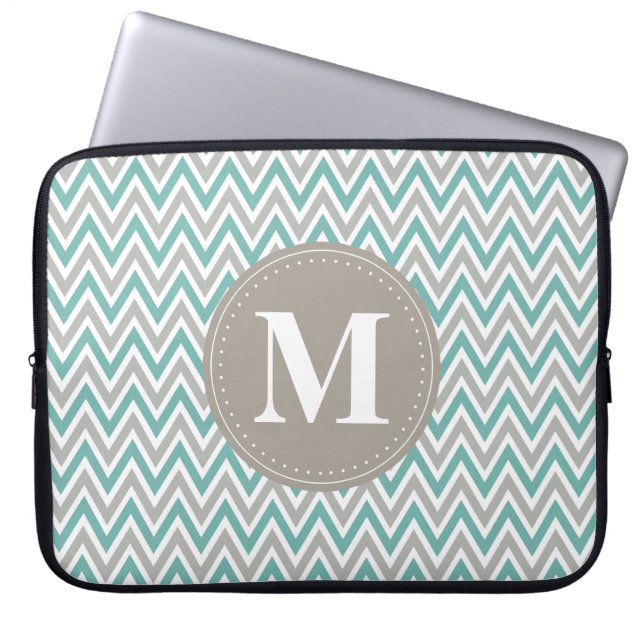 Cool Blue Gray Chevron Pattern Monogram Laptop Sleeve (Front)