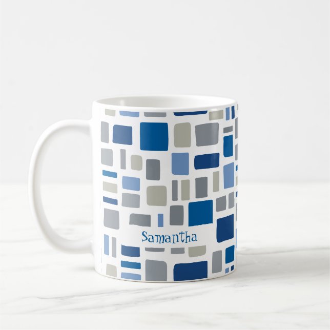 Cool Blue & Gray Colors Wonky Squares & Rectangles Coffee Mug (Left)