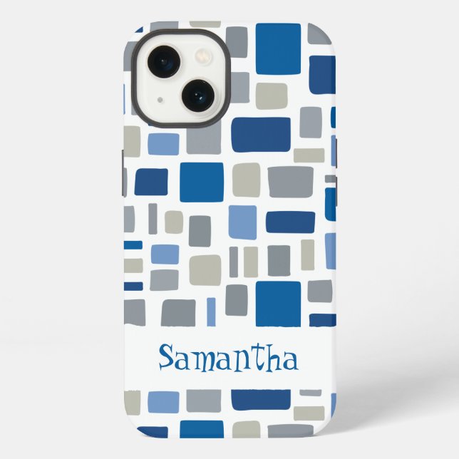 Cool Blue & Gray Colors Wonky Squares & Rectangles Iphone Case (Back)