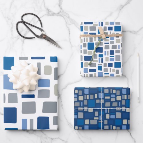 Cool Blue  Gray Colors Wonky Squares  Rectangles Wrapping Paper Sheets