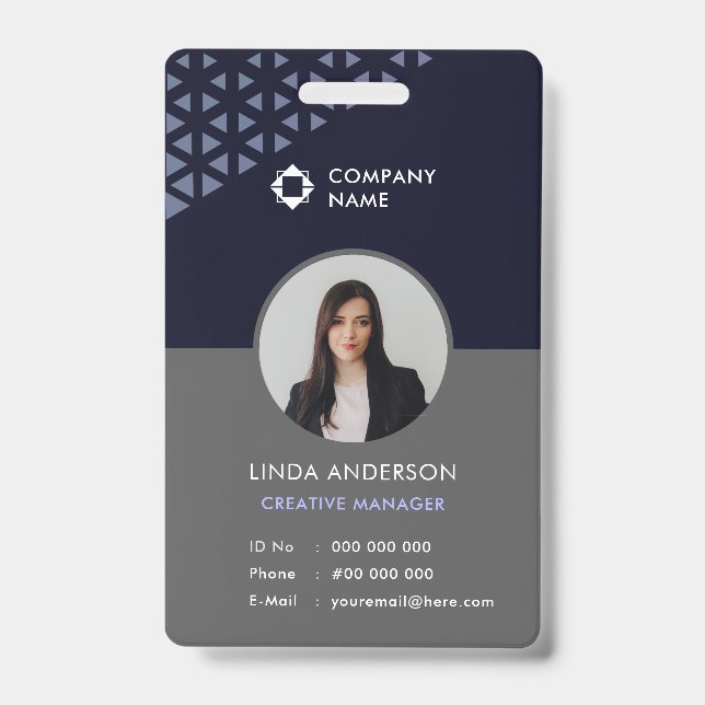 Cool Blue Gray Employee Photo ID Geometric Pattern Badge (Front)
