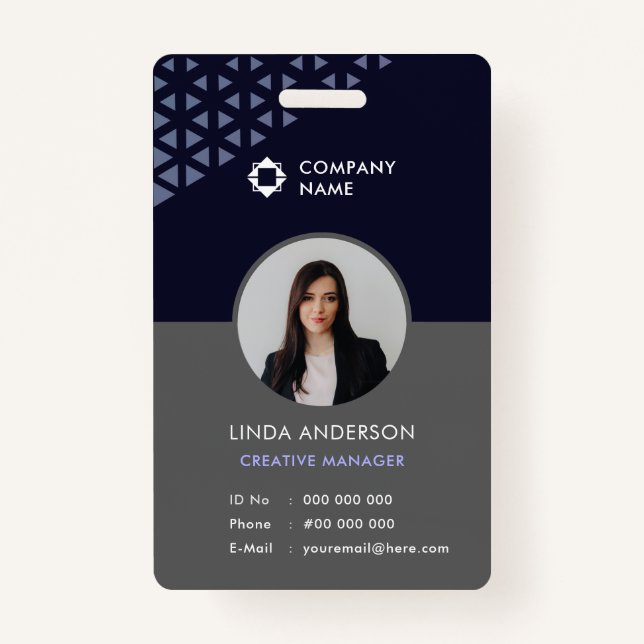 Cool Blue Gray Employee Photo ID Geometric Pattern Badge (Front)