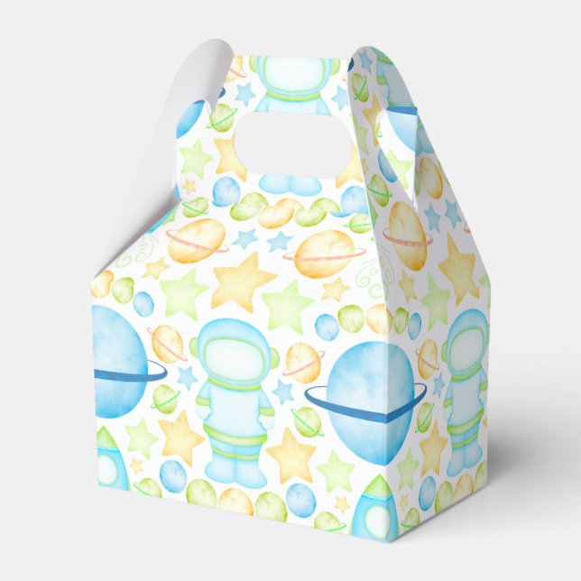 Cool Blue & Green Boys Outer Space Astronaut Favor Boxes (Front Side)