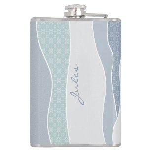 Cool Blue Green Curved Stripes Abstract Waves Name Flask
