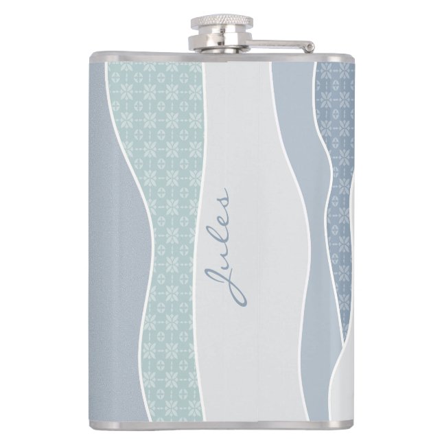 Cool Blue Green Curved Stripes Abstract Waves Name Flask (Back)