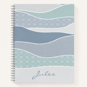 Cool Blue Green Curved Stripes Abstract Waves Name Notebook