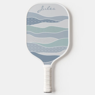 Cool Blue Green Curved Stripes Abstract Waves Name Pickleball Paddle