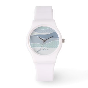 Cool Blue Green Curved Stripes Abstract Waves Name Watch