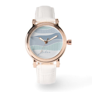 Cool Blue Green Curved Stripes Abstract Waves Name Watch