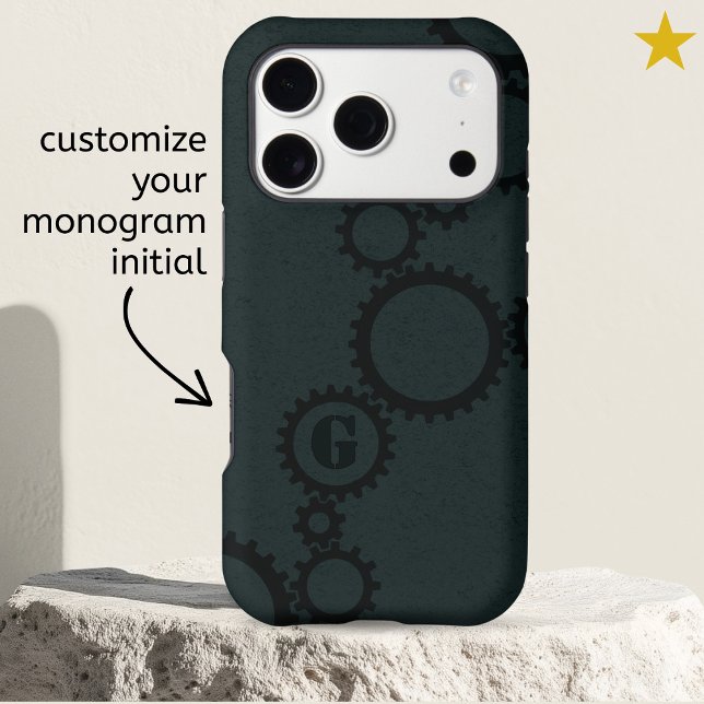 Cool Blue Grunge Cogs & Gears Monogrammed Initial Case-Mate iPhone Case (Creator Uploaded)
