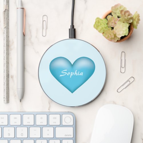 Cool Blue Heart With A Custom Name On It Wireless Charger