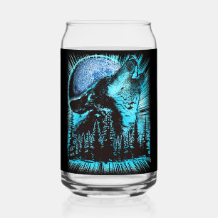 Cool Blue Howling Wolf Moon Pine Forest Can Glass