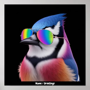 Cool Blue Jay Bird Wearing Sunglasses Retro Poster