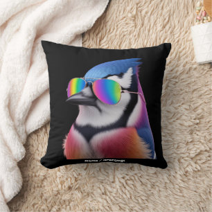 Cool Blue Jay Bird Wearing Sunglasses Retro Throw Pillow