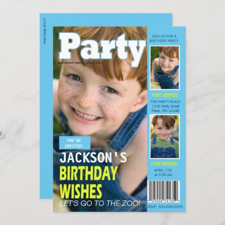 Cool Blue Magazine Cover 3 Photos Birthday Party Invitation