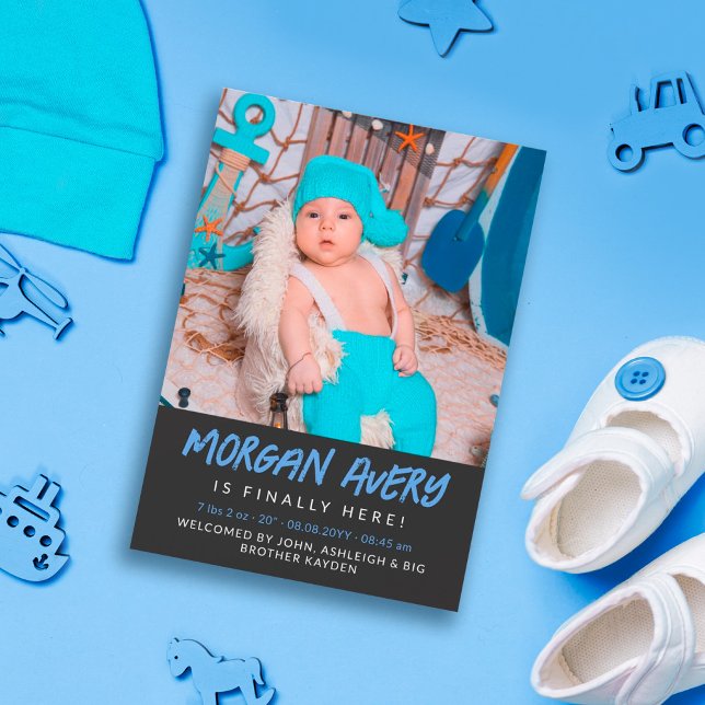 Cool Blue Marker Font New Baby Boy Photo Announcement (Creator Uploaded)