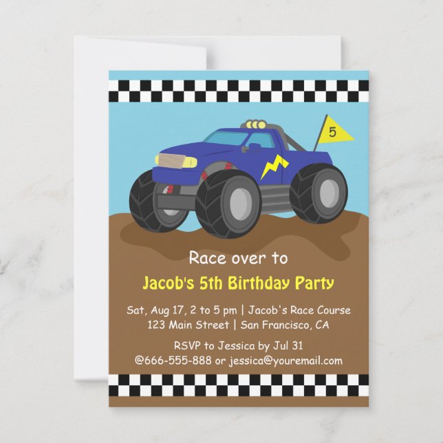 Cool Blue Monster Truck Birthday Party Invitation (Front)