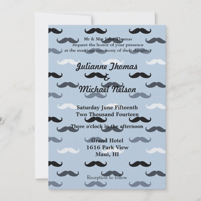 Cool Blue Mustaches Wedding Invitation (Front)