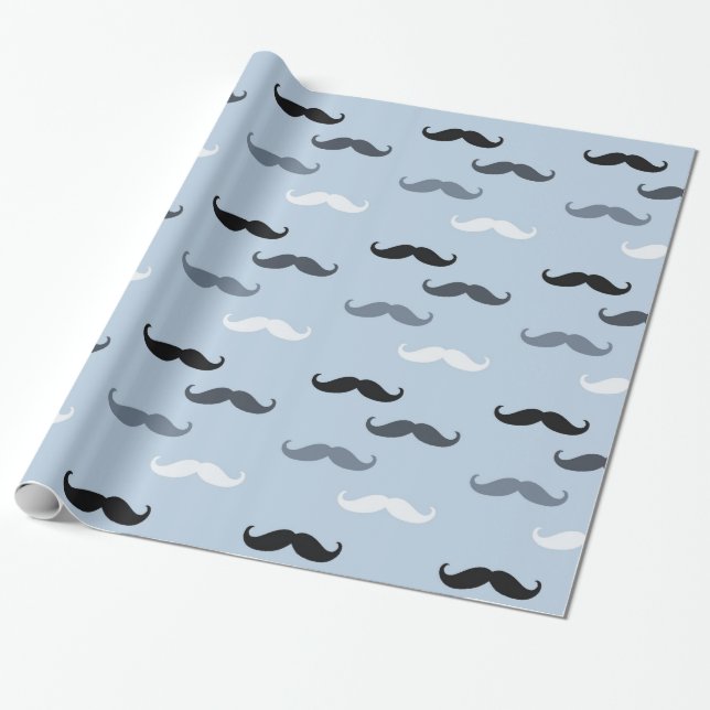 Cool Blue Mustaches Wrapping Paper (Unrolled)