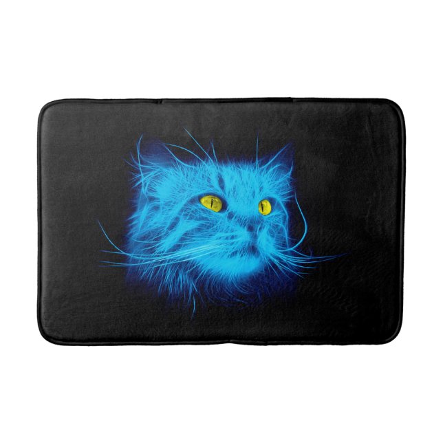 Cool Blue Neon Cat Art - Glowing Animal Design Bath Mat (Front)
