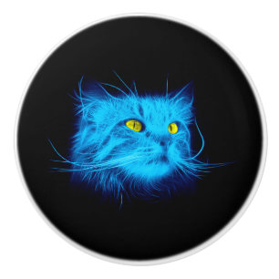 Cool Blue Neon Cat Art - Glowing Animal Design Ceramic Knob