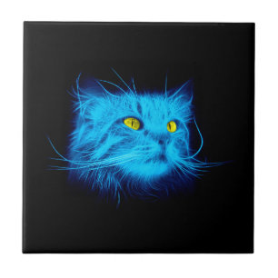 Cool Blue Neon Cat Art - Glowing Animal Design Ceramic Tile