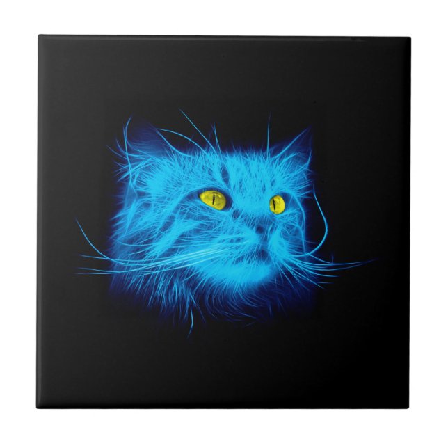Cool Blue Neon Cat Art - Glowing Animal Design Ceramic Tile (Front)